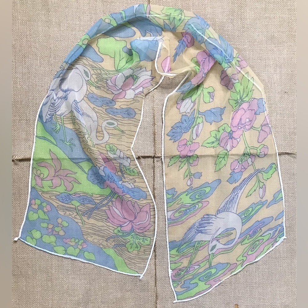 Vintage Peach Pastel Bird Floral Fashion Scarf Boho Hippie Whimsical Fairy Core